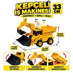 33 cm Sürtmeli Ekskavator Kepçeli İş Makinası Damperli Oyuncak Kamyon Dozer Işıklı Sesli Döner Kazanlı Oyuncak İş Makinası - Vardem Oyuncak