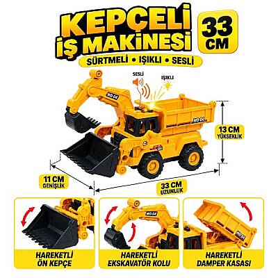 33 cm Sürtmeli Ekskavator Kepçeli İş Makinası Damperli Oyuncak Kamyon Dozer Işıklı Sesli Döner Kazanlı Oyuncak İş Makinası - 1