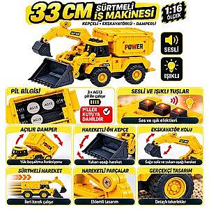 33 cm Sürtmeli Ekskavator Kepçeli İş Makinası Damperli Oyuncak Kamyon Dozer Işıklı Sesli Döner Kazanlı Oyuncak İş Makinası - 2