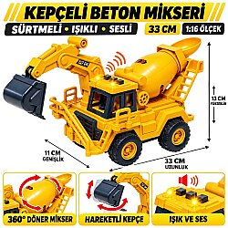 33 cm Sürtmeli Kepçeli Beton Mikseri Kamyon Işıklı Sesli 360° Döner Mikserli Oyuncak İş Makinesi - Vardem Oyuncak