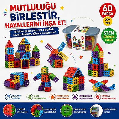 60 Parça Puzzle 3D Geçmeli Yapı Blokları STEM Tasarım Blokları OFB-BLK-02 - 2
