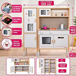 Ahşap Çocuk Mutfak Seti 100 cm Buzdolaplı Su Akan LED Işıklı Anaokulu Kreş Evcilik Oyuncağı-Beyaz - Okutan Hobi
