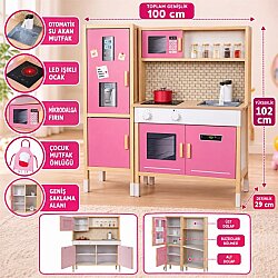 Ahşap Çocuk Mutfak Seti 100 cm Buzdolaplı Su Akan LED Işıklı Anaokulu Kreş Evcilik Oyuncağı-Pembe - Okutan Hobi