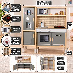 Ahşap Çocuk Mutfak Seti 100 cm Buzdolaplı Su Akan LED Işıklı Anaokulu Kreş Evcilik Oyuncağı-Yeşil - Okutan Hobi