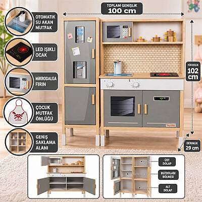 Ahşap Çocuk Mutfak Seti 100 cm Buzdolaplı Su Akan LED Işıklı Anaokulu Kreş Evcilik Oyuncağı-Yeşil - 1