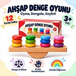 Ahşap Denge Oyunu 12 Halkalı Renk Eşleştirme ve Sıralama Eğitici Oyuncak 3+Yaş - Oem