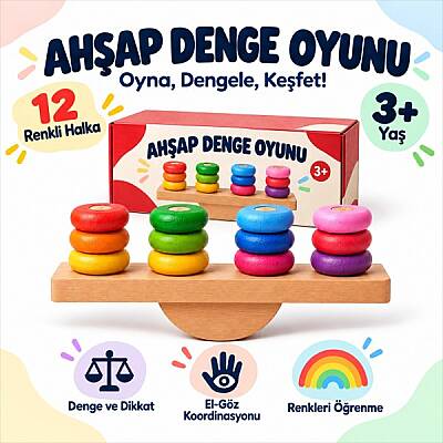 Ahşap Denge Oyunu 12 Halkalı Renk Eşleştirme ve Sıralama Eğitici Oyuncak 3+Yaş - 1