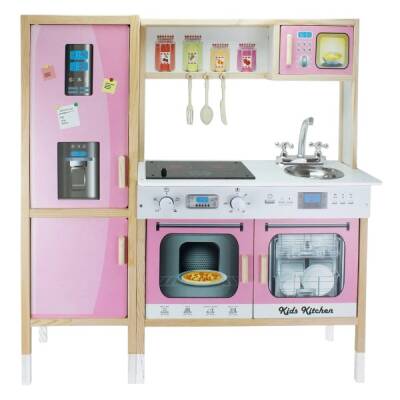 Büyük Boy Çocuk Ahşap Oyuncak Mutfak Seti Buzdolaplı Pembe Renk - 1