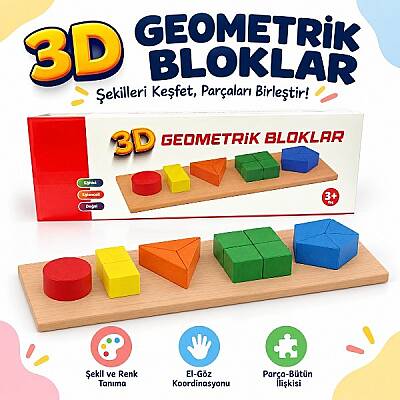 Eğitici Ahşap Renkli Dikdörtgen 5'Li Sütun Geometrik Şekiller - 1