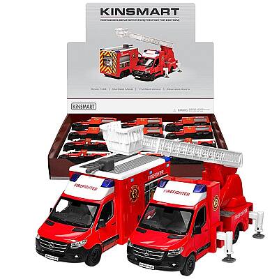 Kinsmart Çek Bırak Mercedes-Benz Sprinter Firefighter Edition 1:48 Metal Model İtfaiye Aracı Die Cast Oyuncak - 1