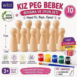 Kız Peg Bebek 10 Adet Doğal Ahşap Boyama Figürü 7 cm 6 Renk Boya ve Fırça Hediyeli - OYUNCAK FABRİKASI