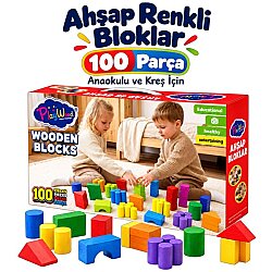 Kutulu Ahşap Renkli Bloklar 100 Parça Anaokulu Kreş Eğitici Yapı Oyuncak Seti - PlayWood-Onyıl