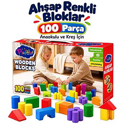 Kutulu Ahşap Renkli Bloklar 100 Parça Anaokulu Kreş Eğitici Yapı Oyuncak Seti - 1