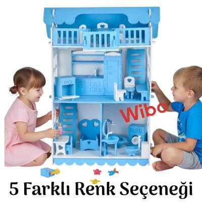 Wibo Lüks 3 Katlı Ahşap Oyuncak Bebek Evi 32 Parça | Doğal Ahşap | Mobilyalı Çocuk Oyun Seti - 1