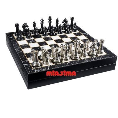 Miajima Ahşap Mermer Desenli Satranç Takımı Metal Siyah-Gümüş Satranç Taşlı El Yapımı Satranç Takımı 36x36 Cm - 1