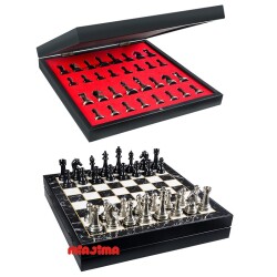 Miajima Ahşap Mermer Desenli Satranç Takımı Metal Siyah-Gümüş Satranç Taşlı El Yapımı Satranç Takımı 36x36 Cm - 2