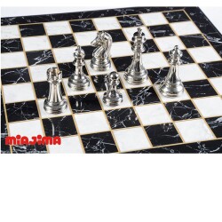 Miajima Ahşap Mermer Desenli Satranç Takımı Metal Siyah-Gümüş Satranç Taşlı El Yapımı Satranç Takımı 36x36 Cm - 3