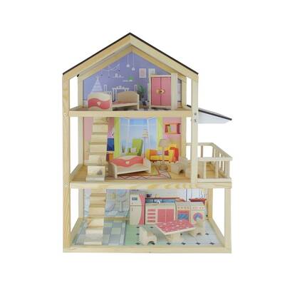 Oyuncak Ahşap Ev Doğal Ağaç 3 Katlı Teraslı Bebek Evi - 1