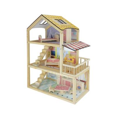 Oyuncak Ahşap Ev Doğal Ağaç 3 Katlı Teraslı Bebek Evi - 4