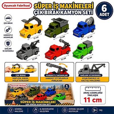 Oyuncak İş Makineleri 6'lı Set 11 cm Çek Bırak Kamyon ve Araç Seti - 1
