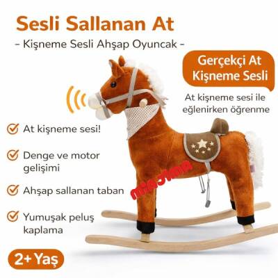 Peluş Sallanan At Sesli Müzikli Fular’lı Koyu Kahverengi 65 cm - 1