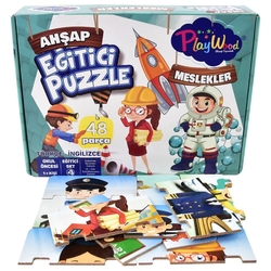 PlayWood Eğitici İngilizce Türkçe Ahşap Puzzle - Meslekler - 48 Parça - PlayWood-Onyıl