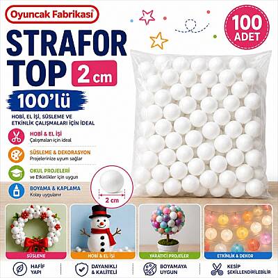 Strafor Top 2 cm 100’lü Beyaz Köpük Top Hobi El İşi Süsleme ve Etkinlik Malzemesi - 1