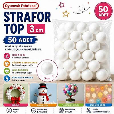 Strafor Top 3 cm 50’li Beyaz Köpük Top Hobi El İşi Süsleme ve Etkinlik Malzemesi - 1