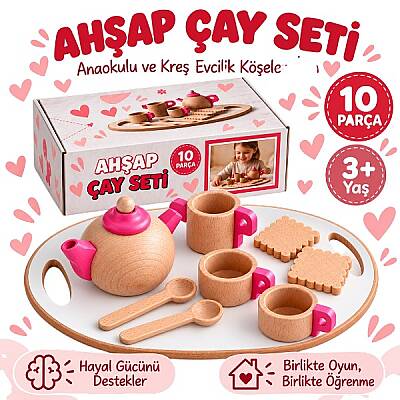 Tepsili Ahşap Çay Seti 10 Parça Anaokulu Kreş Evcilik ve Mutfak Oyuncak Seti - 1