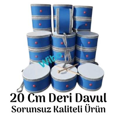 WİBO Askılı Ahşap Deri Çocuk Davulu Deri Davul 20 Cm Mavi 2 Adet Tokmaklı - 1