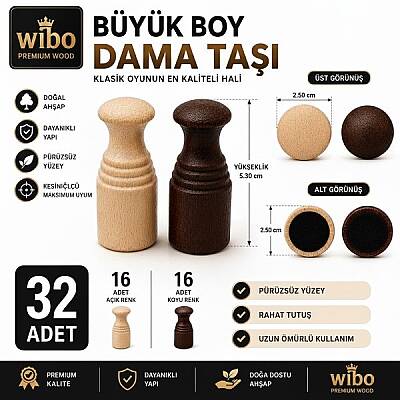 Wibo Büyük Boy Ahşap Dama Taşı 32 Adet Premium Dama Pulu 5.3 cm - 1