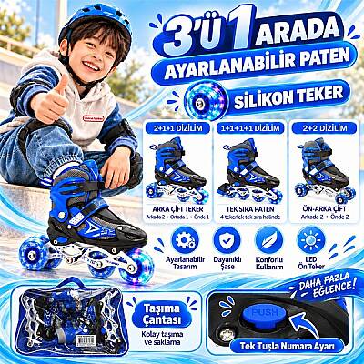 Wibo Çocuk Pateni (38-41) 3 in 1 Ayarlanabilir Işıklı Frenli Silikon Tekerlekli 2+1+1 2+2 Tek Sıra VR1 - 1