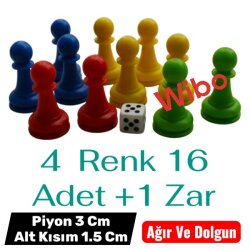 Wibo Plastik Oyun Piyonu 4 Renk 16 Adet +1 Zar Piyon 3 Cm -Alt Taban 1,5 Cm Dolgun Ağır - WİBO
